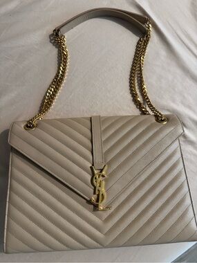 Saint Laurent Cream Chevron Quilted Shoulder Bag with Gold Chain
